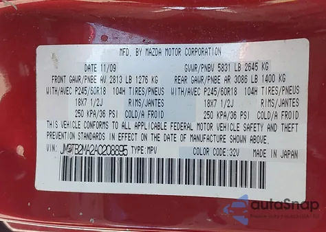 2010 Mazda Cx-9 Touring из США, поврежденный, VIN JM3TB2MA2A0208895